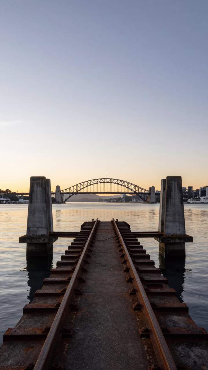 Morning Commute Past Wellington Harbour Bridge Piers at Sunrise in in Wellington, New Zealand