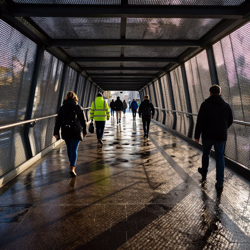 Morning Commute Pedestrian Overpass Bristol UK Wet Footsteps Perforated Metal Sunrise in in Bristol, United Kingdom