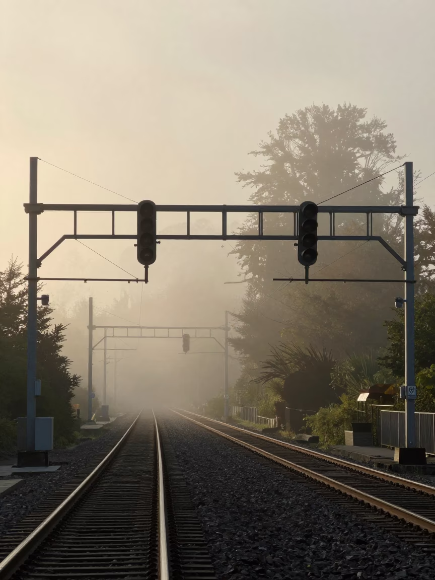 Morning Commute Signal Gantry and Rail Lines in Seattle Fog in in Seattle, Washington, United States