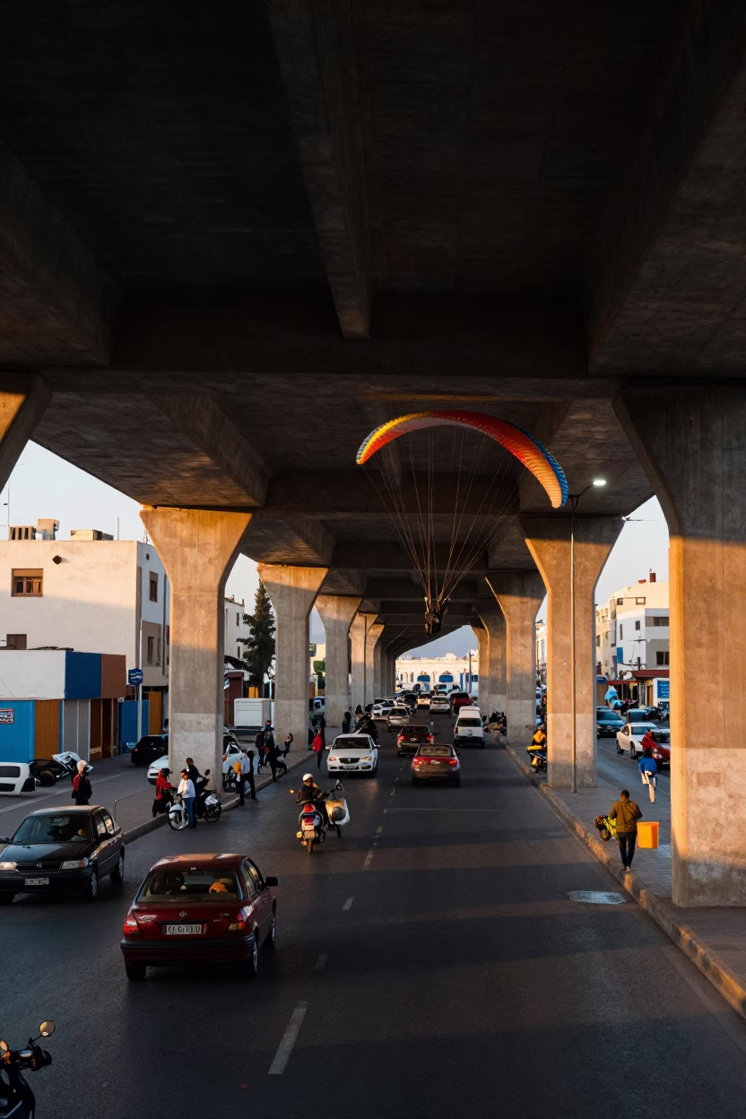 Morning Commute Under Casablanca Flyover with Paramotor and Urban Life in in Casablanca, Morocco