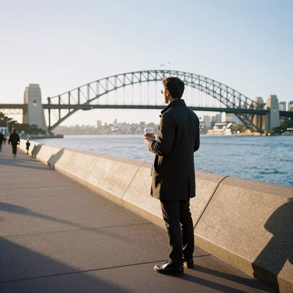 Morning Commuter Coffee on Sydney Harbour Bridge Footpath at Sunrise in in Sydney, New South Wales, Australia