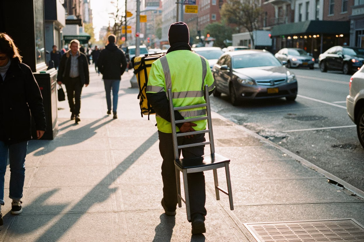 Morning Commuter Holding Ladder-Back Chair on New York City Sidewalk Near Construction Site in in New York, New York, United States