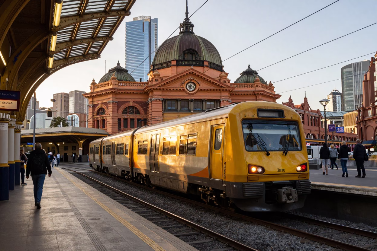 Morning Commuter Train Arrival at Flinders Street Station Melbourne Victoria Australia in in Melbourne, Victoria, Australia