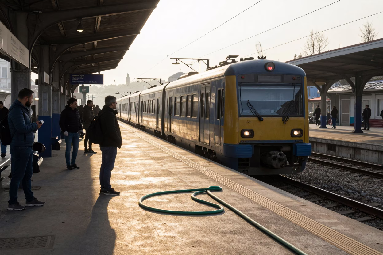 Morning Commuter Train Arrival at Istanbul Platform with Garden Hose and Dish Rack Nearby in in Istanbul, Turkey