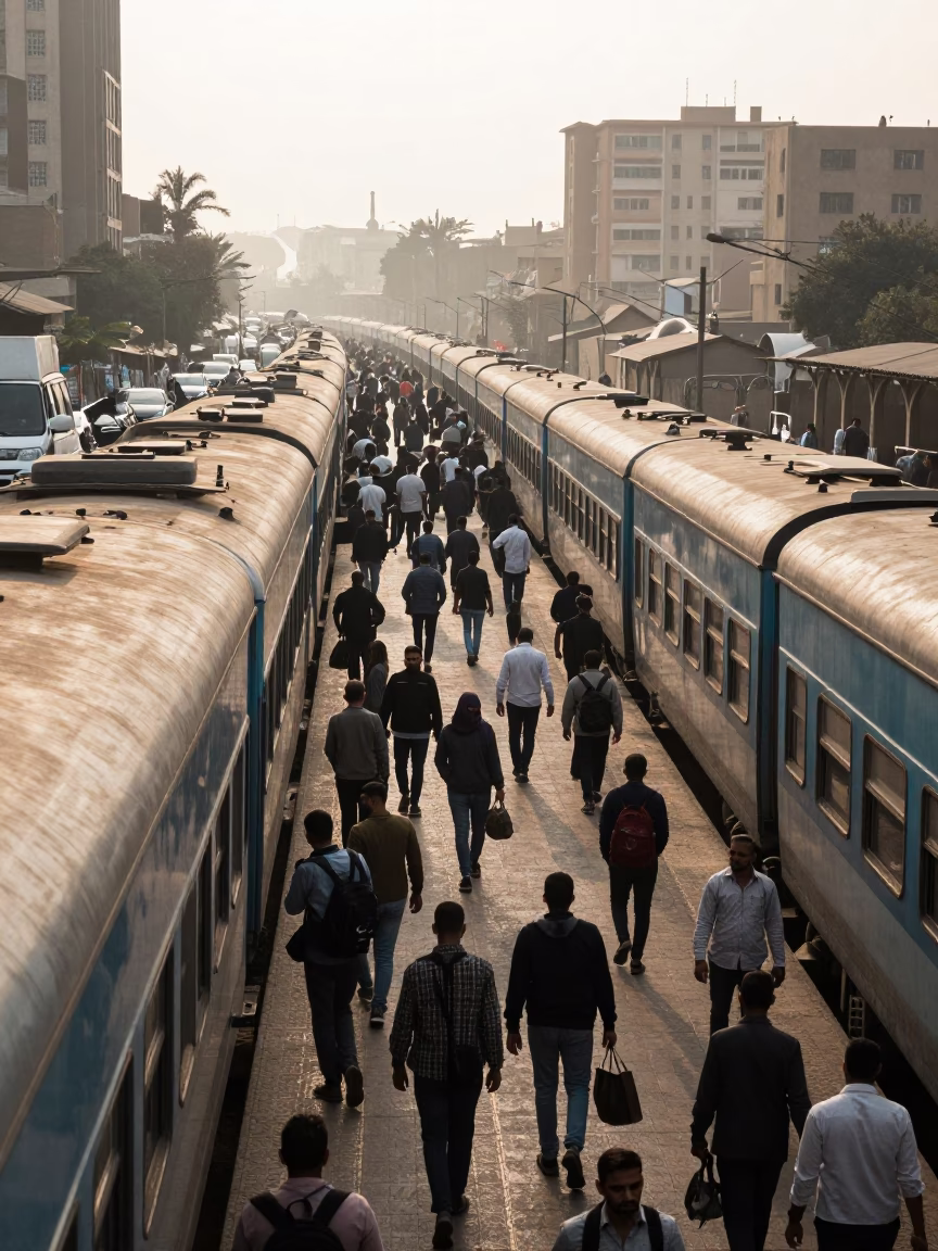 Morning Commuter Train at Cairo Platform with Travelers and Street Vendors Under First Light in in Cairo, Egypt