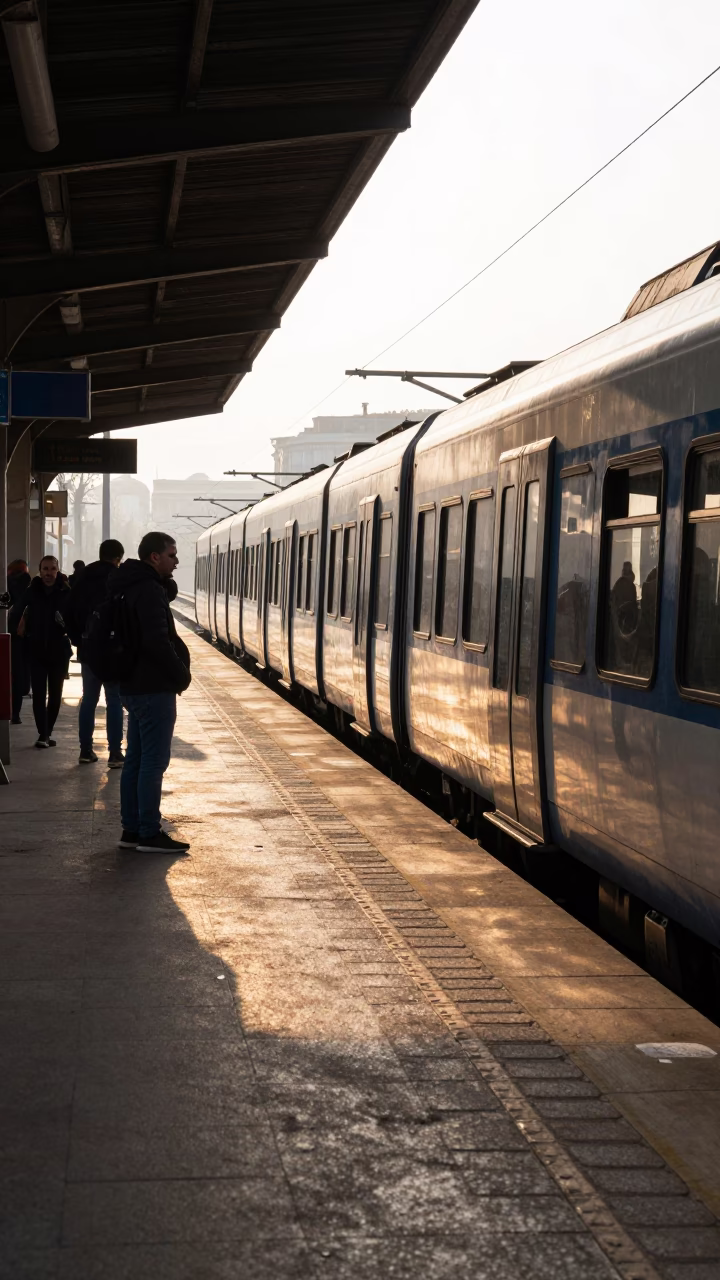 Morning Commuter Train at Izmir Platform with Early Light and Urban Architecture in in Izmir, Turkey