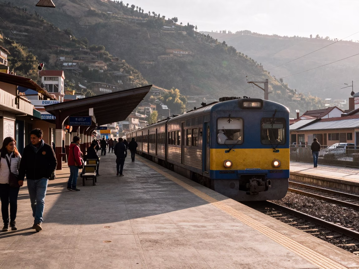 Morning Commuter Train at La Paz Station Platform with Local Travelers in in La Paz, Bolivia