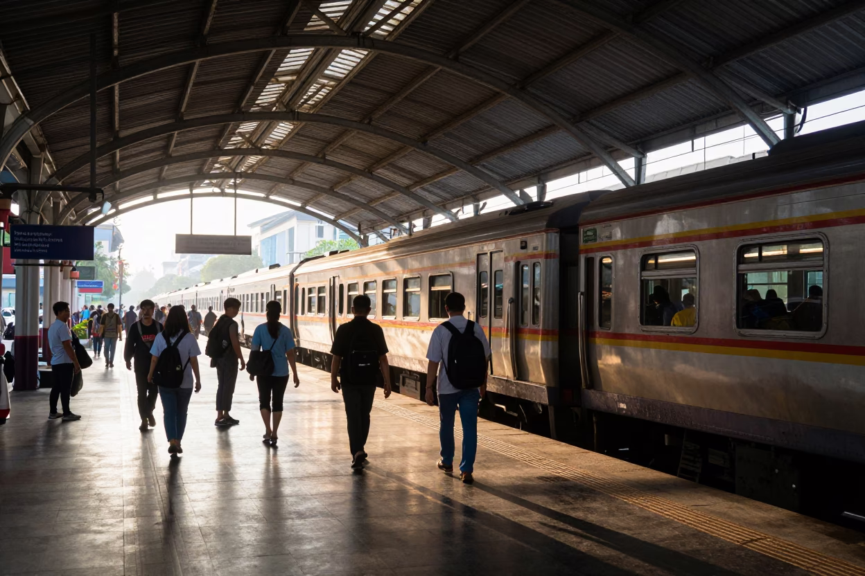 Morning Commuter Train at Saigon Station with Early Light and Local Passengers in in Ho Chi Minh City, Vietnam