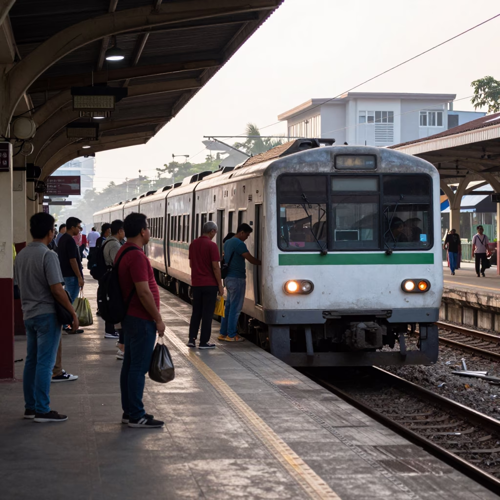 Morning Commuter Train at Surabaya Station with Passengers and Urban Dawn Light in in Surabaya, Indonesia