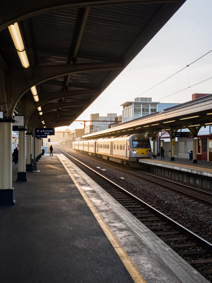 Morning Commuter Train at Wellington Railway Station Platform with Early Light in in Wellington, New Zealand