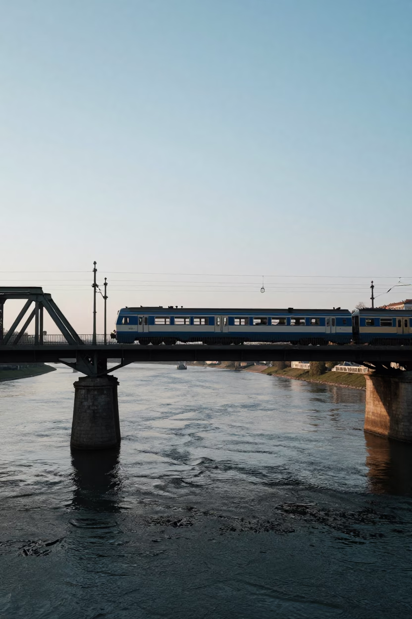 Morning Commuter Train Crossing Vienna Bridge at First Light Dawn in in Vienna, Austria