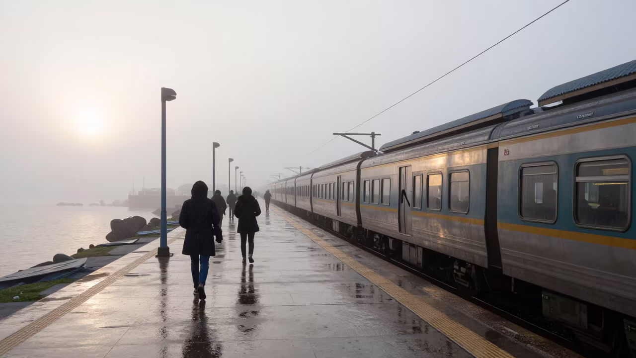 Morning Commuter Train at Foggy Udu Harbor in beside a fogbound harbor mouth near Udu