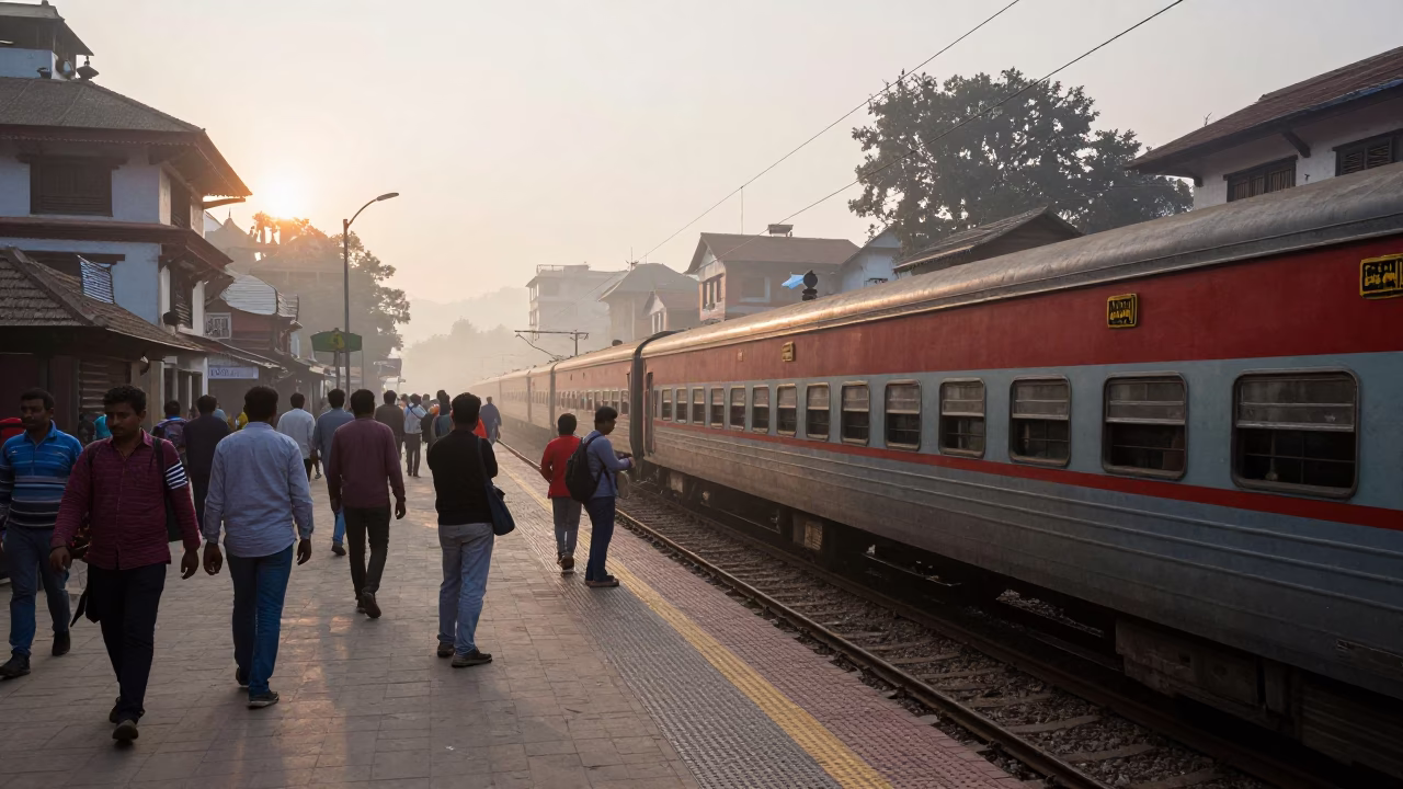 Morning Commuter Train Platform in Kathmandu Nepal with First Light and Local Travelers in in Kathmandu, Nepal