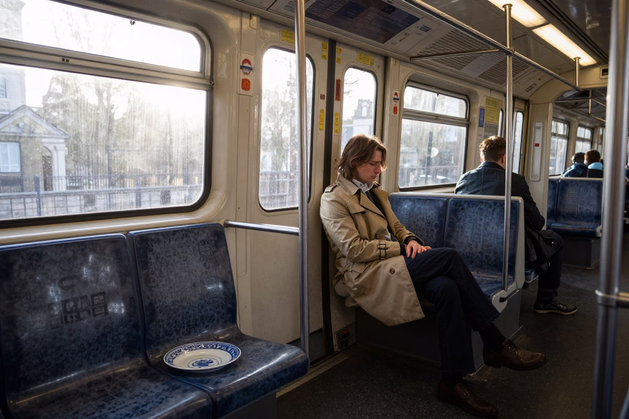 Morning Commuter with Blue and White Porcelain Plate on London Underground Train First Light in in London, United Kingdom