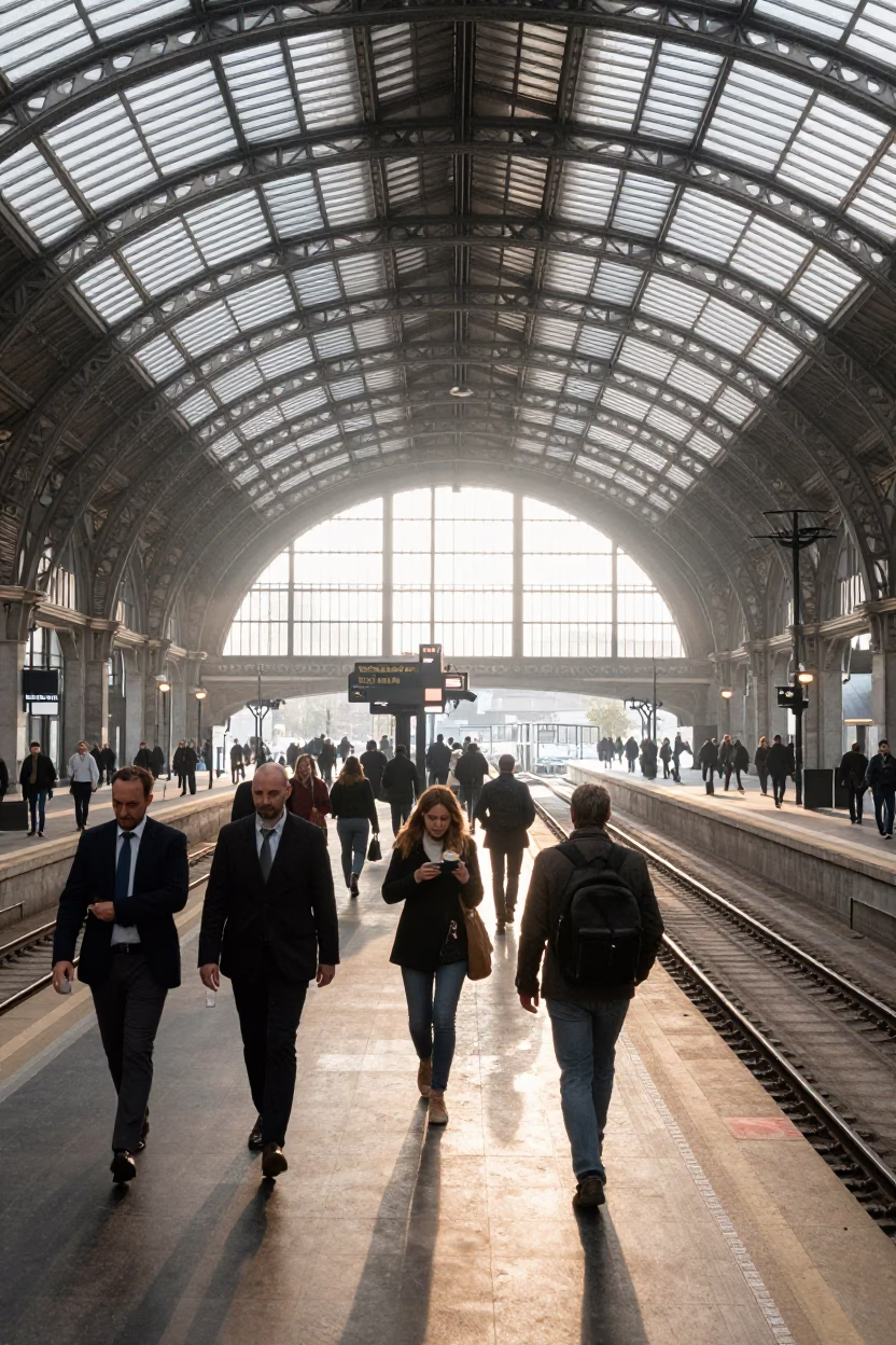 Morning Commuters and Espresso Cups at Milan Central Station Platform Just After Sunrise in in Milan, Italy