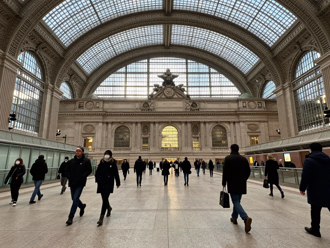 Morning Commuters at Chicago Union Station Glass Steel Arched Roof First Light in in Chicago, Illinois, United States