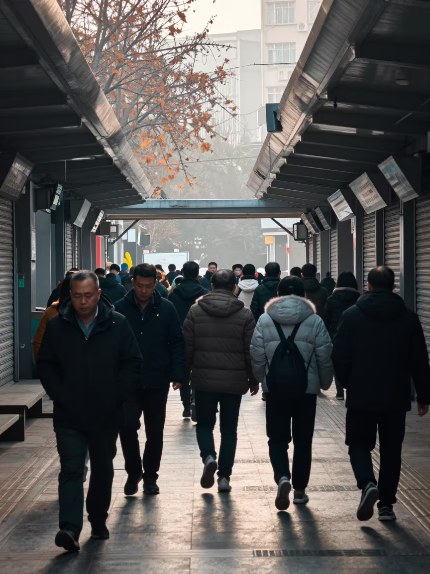 Morning Commuters Rushing Through Guiyang Arcade in along a shuttered arcade in Guiyang