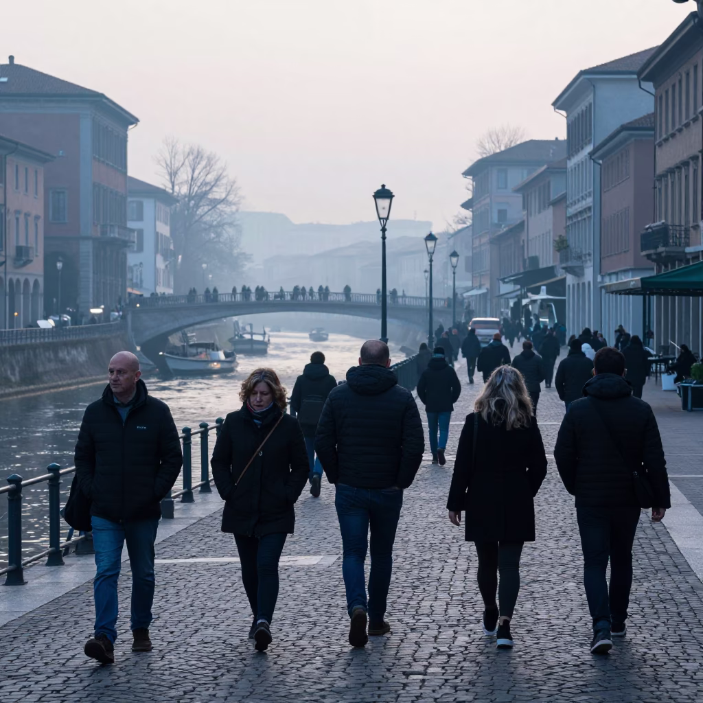 Morning Commuters in Milan Piazza Navigli During Nautical Dawn Light in in Milan, Italy