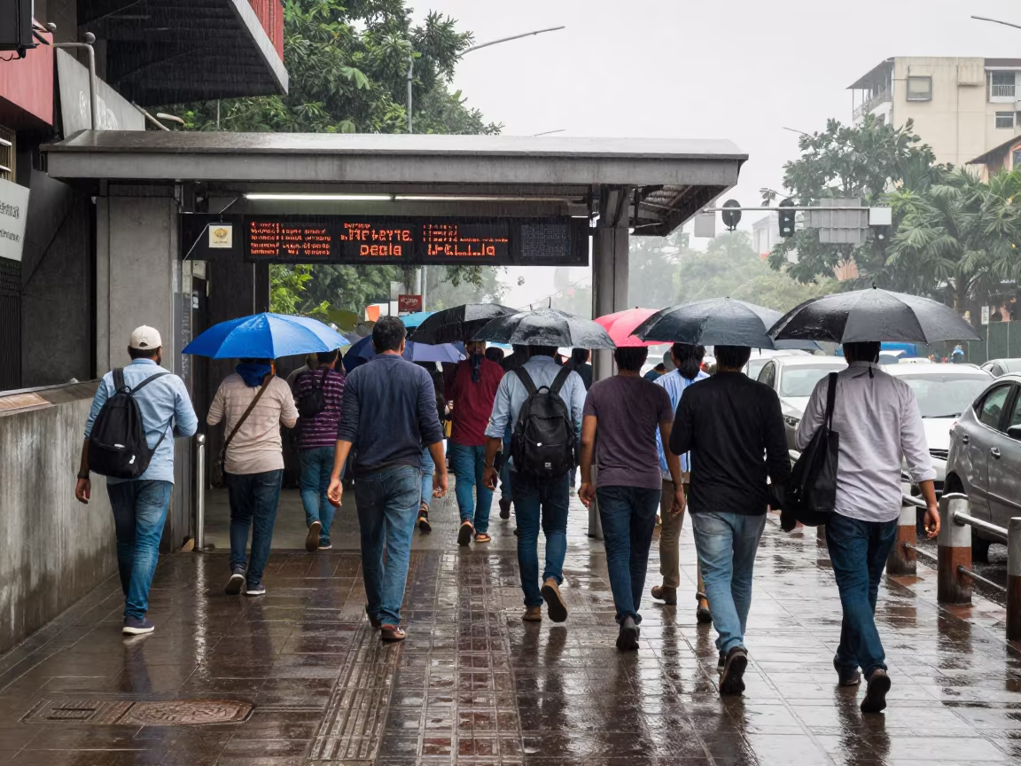 Morning Commuters Rush from Delhi Metro Exit in outside a metro entrance in Delhi