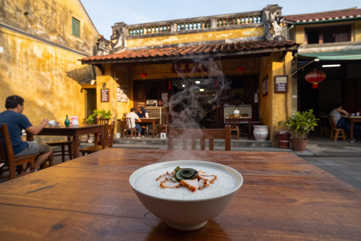 Morning Congee Breakfast in Hoi An Vietnam with Century Egg and Pork at Dawn in in Hoi An, Vietnam
