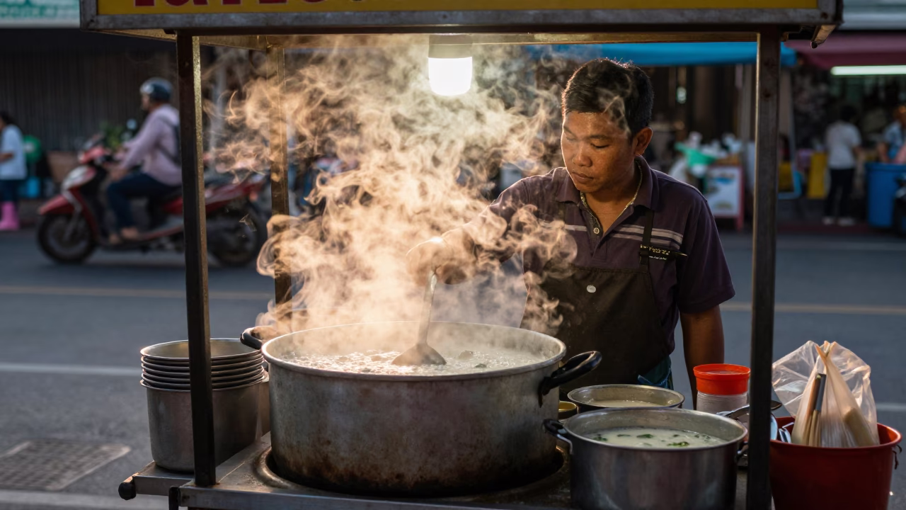 Morning Congee in Bangkok at First Light Of Dawn in in Bangkok, Thailand