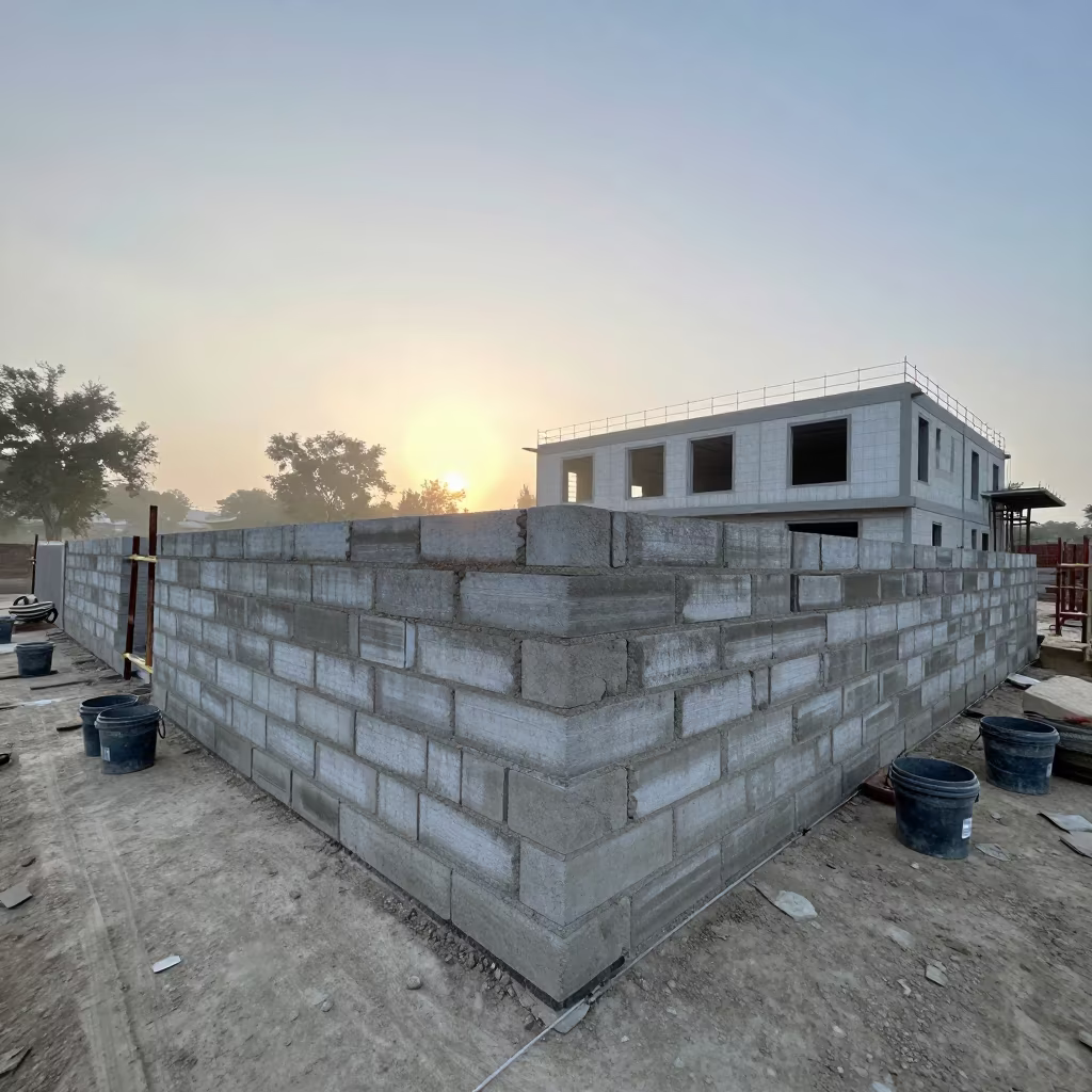 Morning Construction Corner with Mason Lines and Mixer in beside a framed building shell near Bikaner