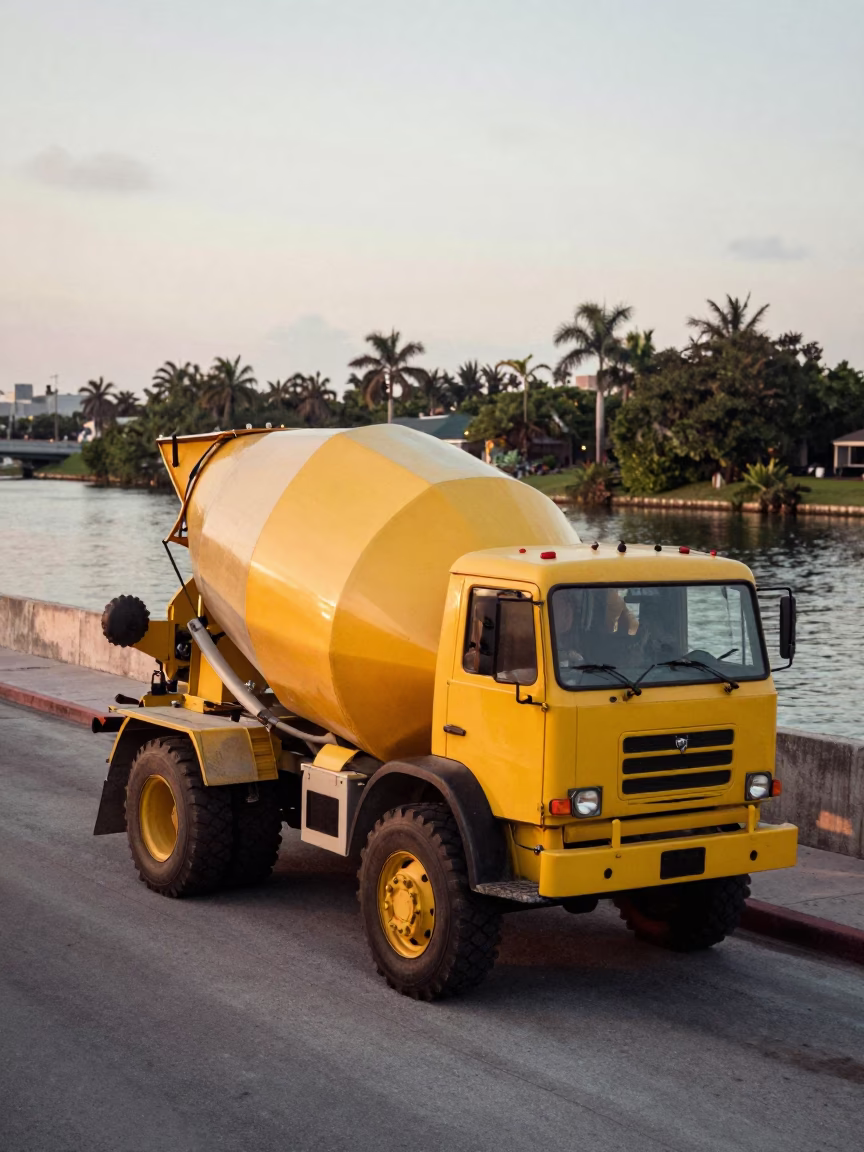 Morning Construction Scene in Miami Florida with Cement Mixer Near Canal in in Miami, Florida, United States