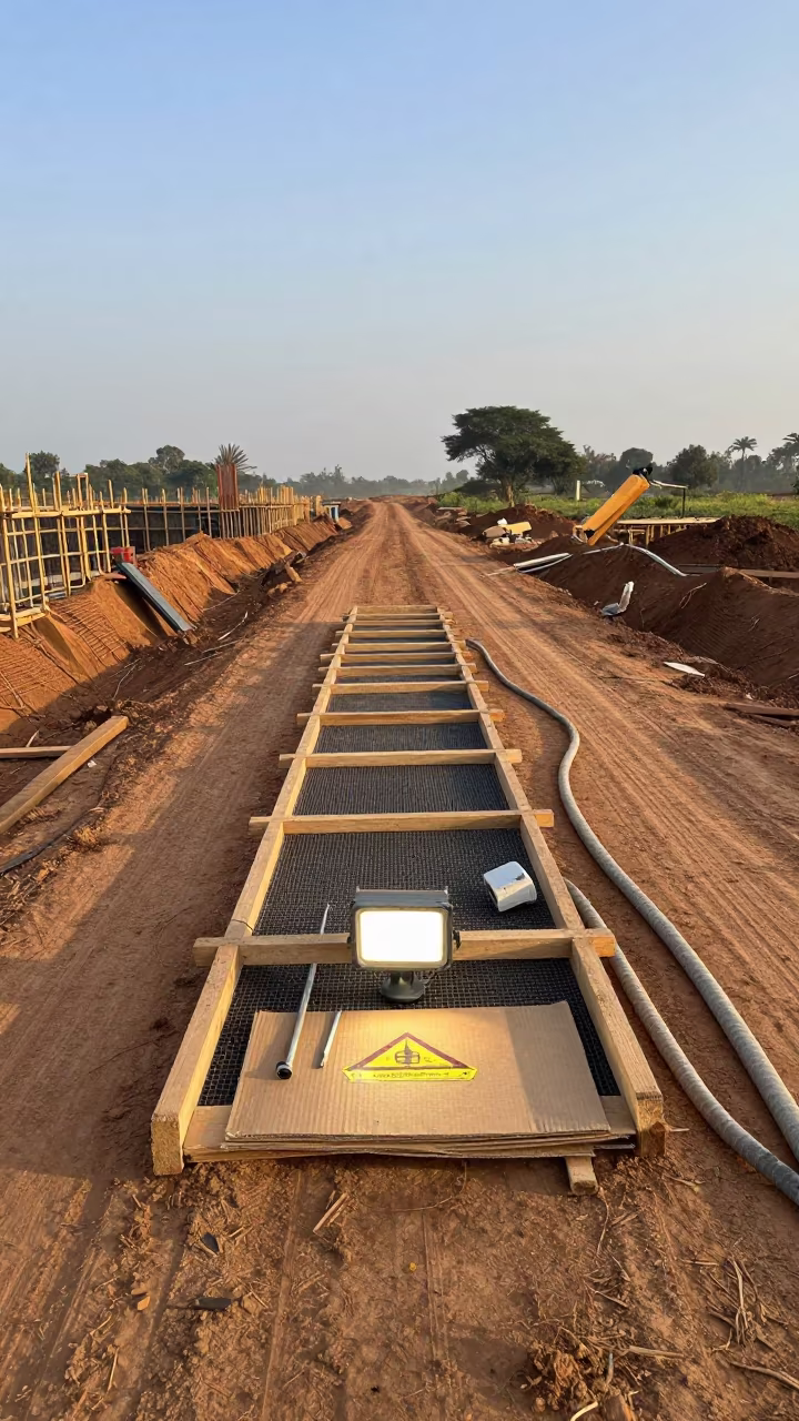 Morning Construction Site Duct Rack Ghana in at a muddy site access road in Ghana