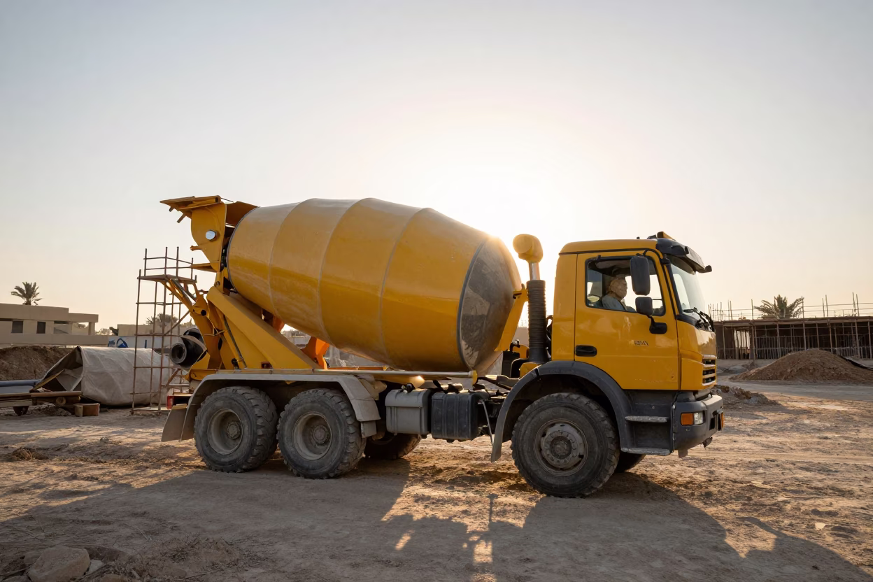 Morning Construction Site in Alexandria Egypt Cement Mixer and Scaffold Against White Sky in in Alexandria, Egypt