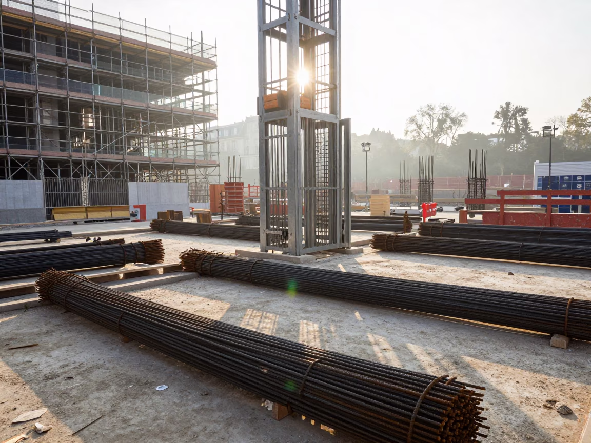 Morning Construction Site in Paris France with Rebar Bundles and Early Light in in Paris, France