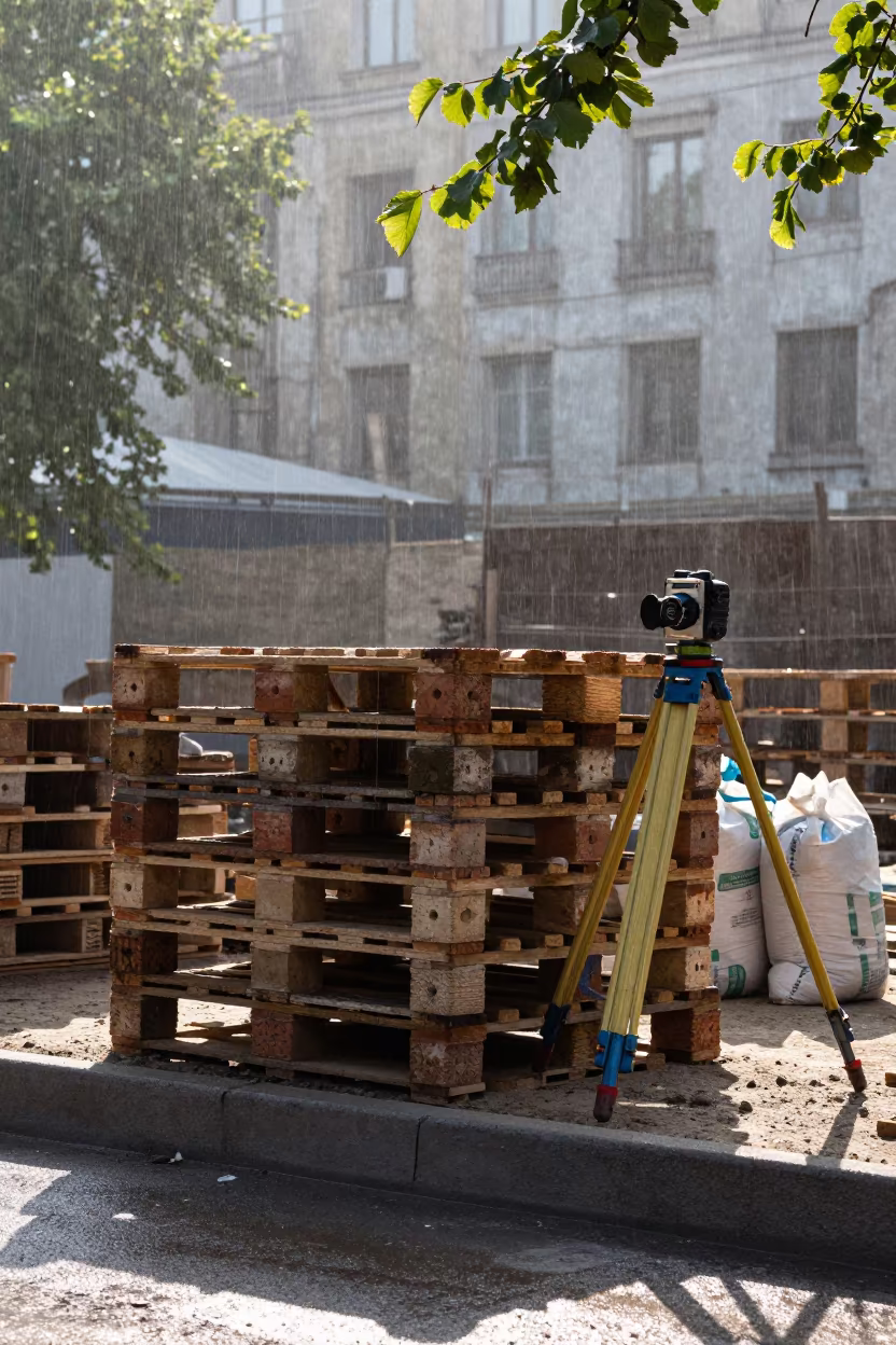 Morning Construction Stack with Laser Level in beside a framed building shell in Kharkiv