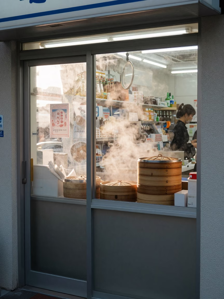 Morning Convenience Store Counter in Tokyo Japan with Bamboo Steamer and Steam in in Tokyo, Japan