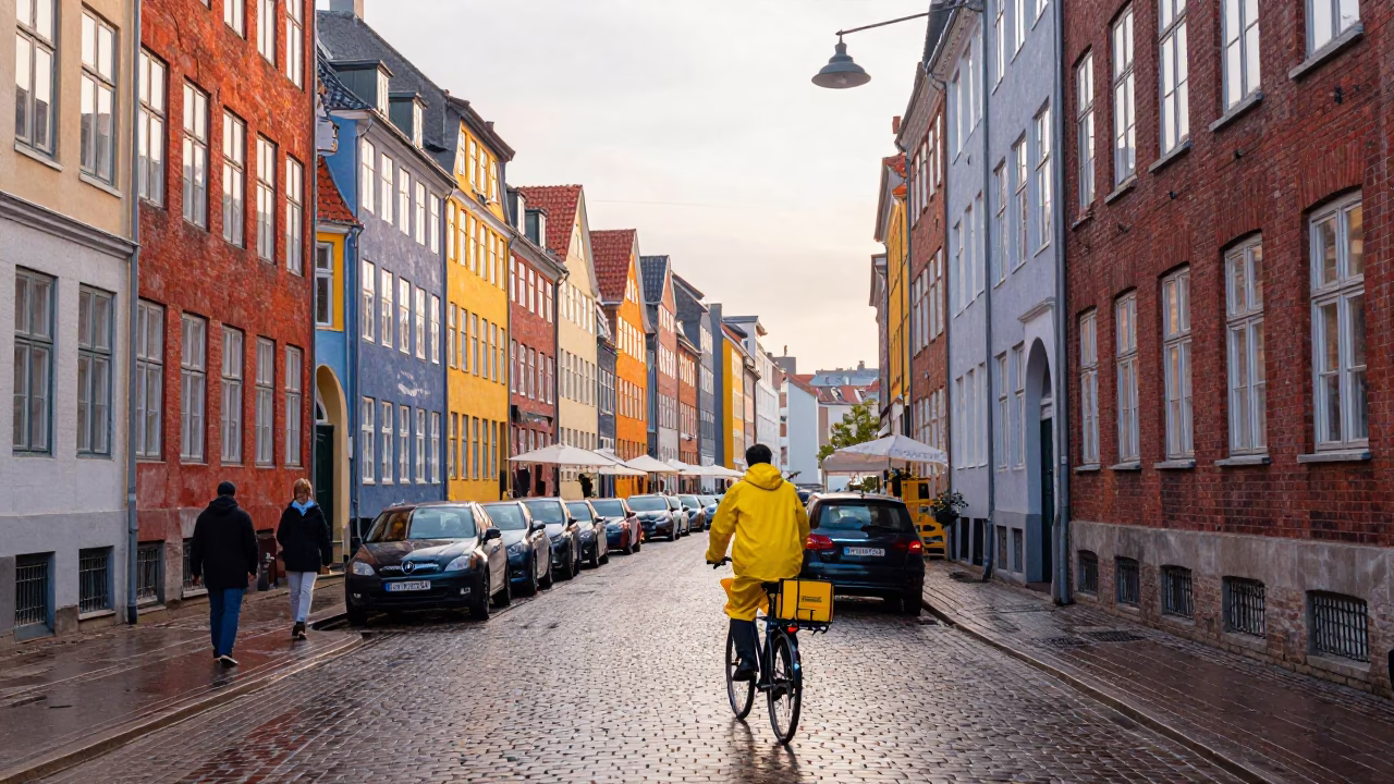 Morning Copenhagen Street Scene with Bicycle Courier and Colorful Grocery Bag in in Copenhagen, Denmark