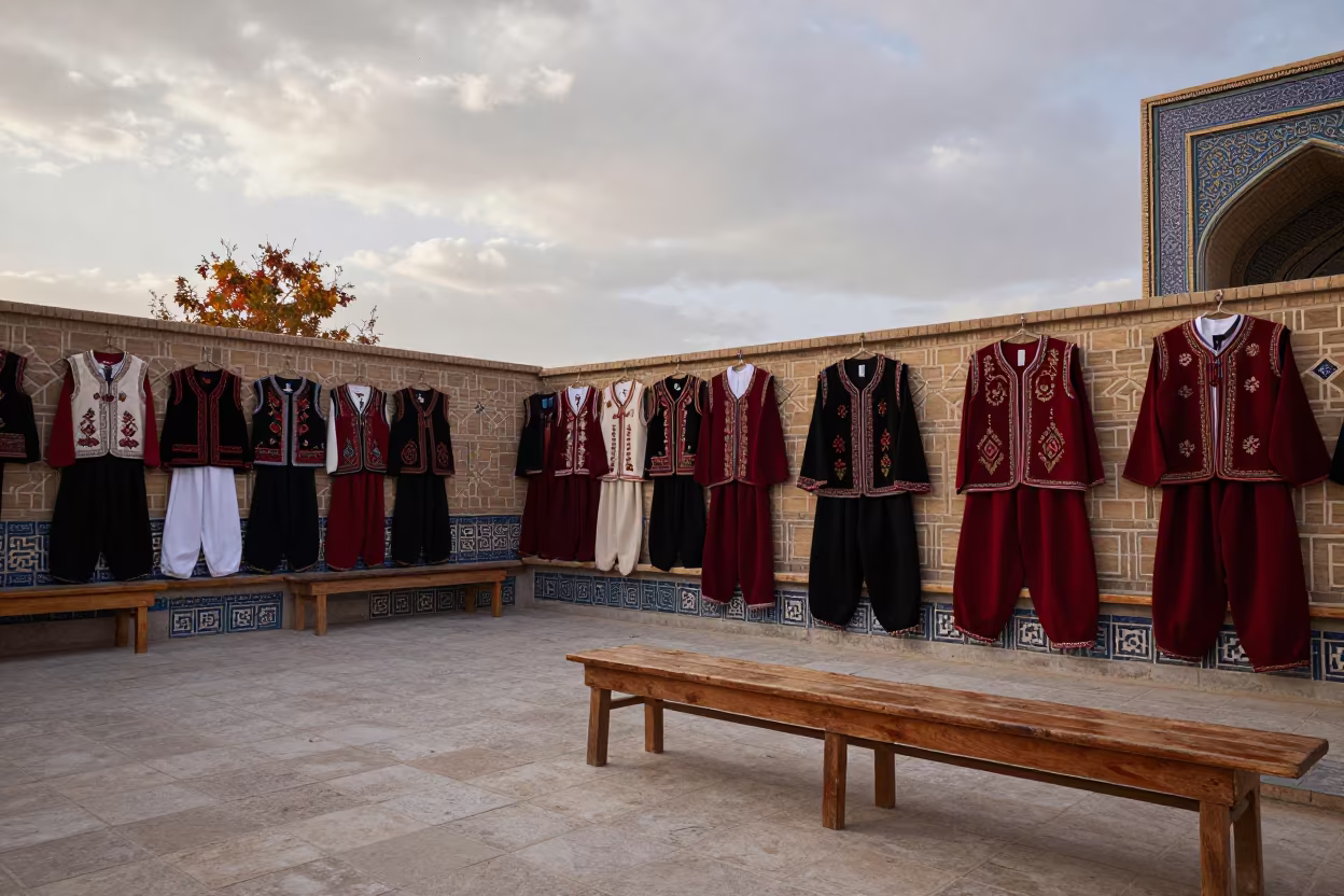 Morning Costume Fitting in Isfahan Hall in in a ceremonial hall in Isfahan