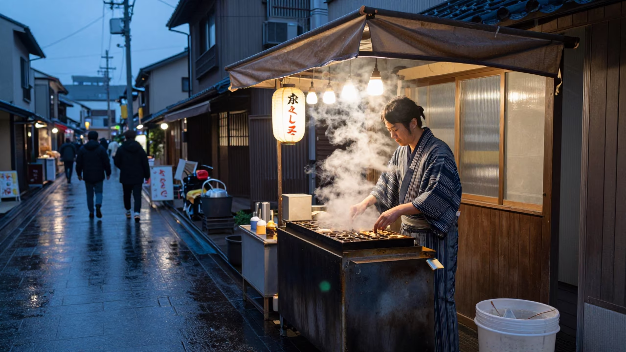Morning Customer in Osaka at The Still Hours Before Dawn Light in in Osaka, Japan