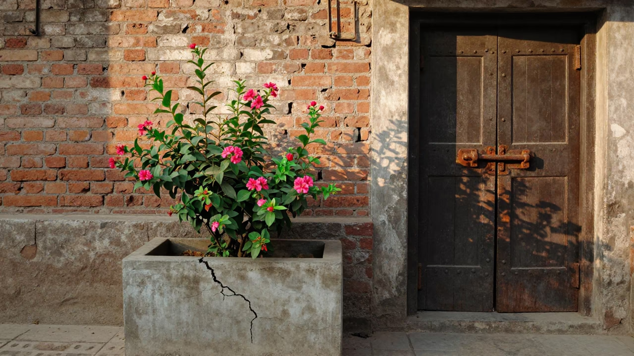 Morning Delhi Street Scene with Flowering Plant and Iron Deadbolt Detail in in Delhi, India