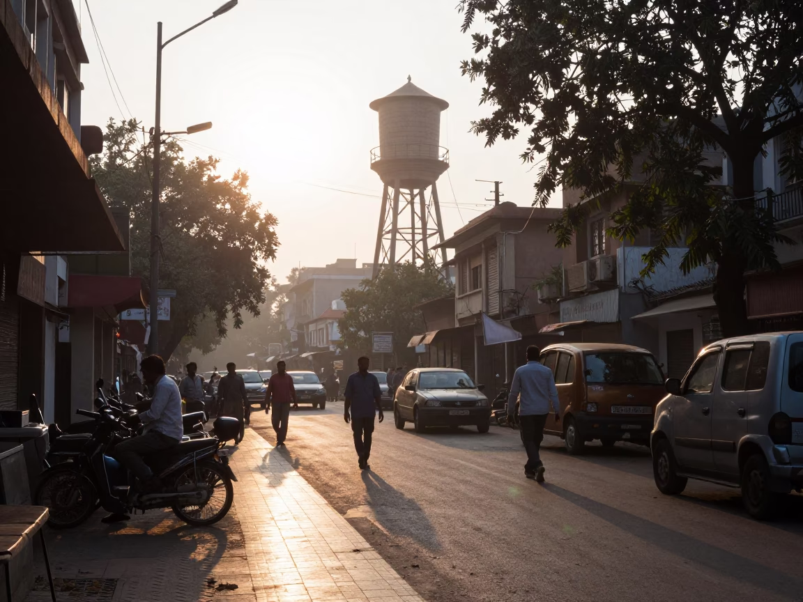 Morning Delhi Street Scene with Water Tower and Sunlight on Tiles in in Delhi, India