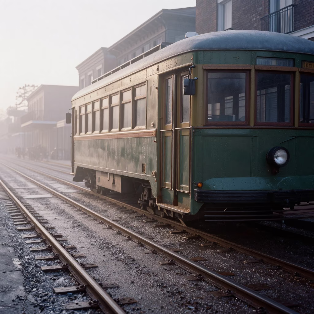 Morning Dew and Condensation on a Vintage Streetcar Rail in New Orleans Before Sunrise in in New Orleans, Louisiana, United States