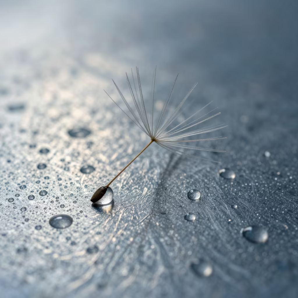 Morning Dew on Dandelion Seed Castries in across a rain-beaded metal surface near Castries