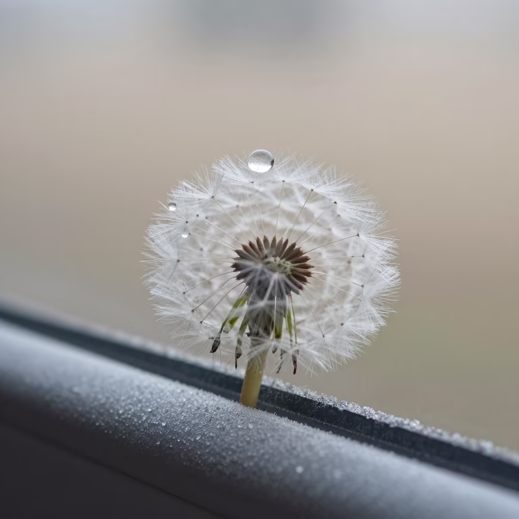 Morning Dew on Dandelion Seed Near Window in along a frost-edged windowpane in Hyderabad