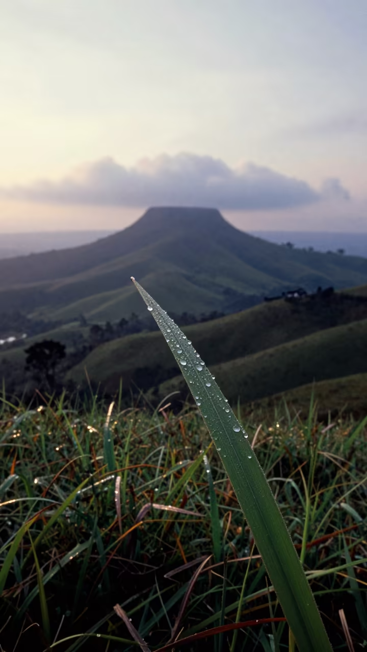 Morning Dew on Grass Above Kinshasa Foothills in from a ridge above layered foothills near Kinshasa