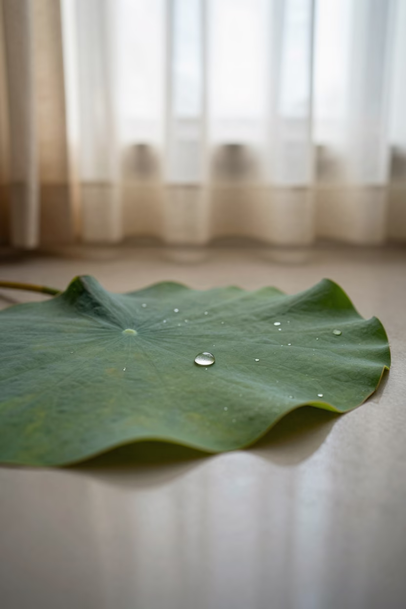 Morning Dew on Lotus Leaf Near Linen in against woven linen fibers near Tianjin