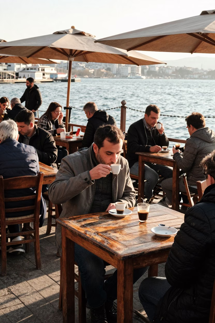 Morning Espresso and Coffee Culture at Karşıyaka Pier Izmir Turkey in in Izmir, Turkey