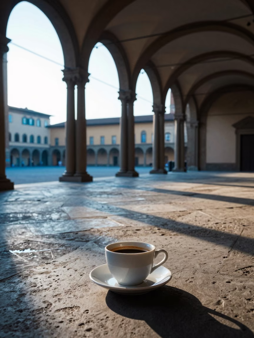 Morning Espresso Ritual in Florence Italy Before Sunrise with Ceramic Cup and Water Rings in in Florence, Italy