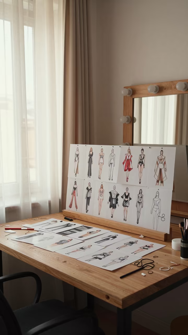 Morning Fashion Sketches Above Cutting Table in beside a mirror lined with makeup bulbs near Tétouan