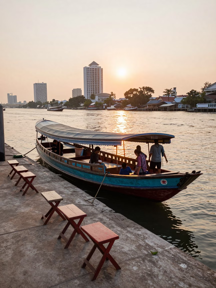 Morning Ferry Dock Scene in Bangkok Thailand with Folding Stools and Mangoes at Sunrise in in Bangkok, Thailand