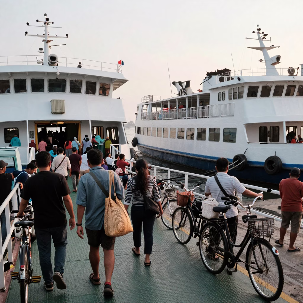 Morning Ferry Loading Passengers and Bicycles at Surabaya Dock in Indonesia in in Surabaya, Indonesia