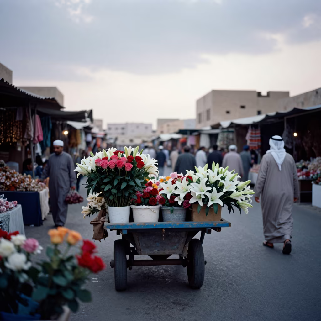 Morning Flower Cart in Riyadh Flea Market in in a flea market lane in Riyadh