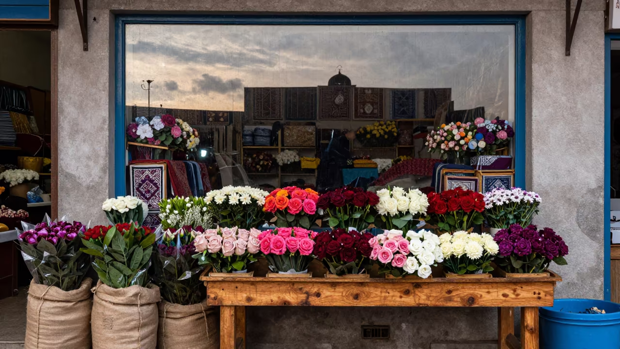 Morning flower market window surreal reflection in at a textile trader's stall in Kenitra