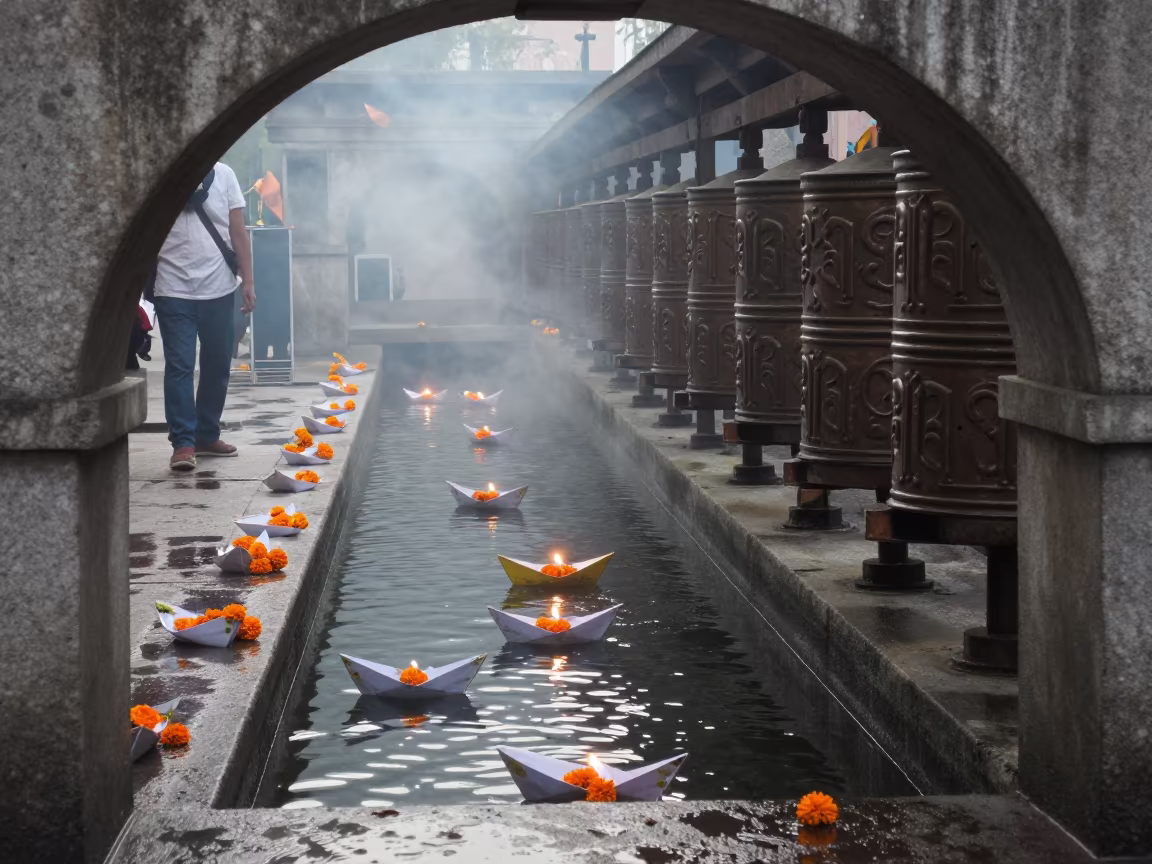 Morning Flower Offerings Drift on Sacred River in beside a prayer wheel corridor in Caracas